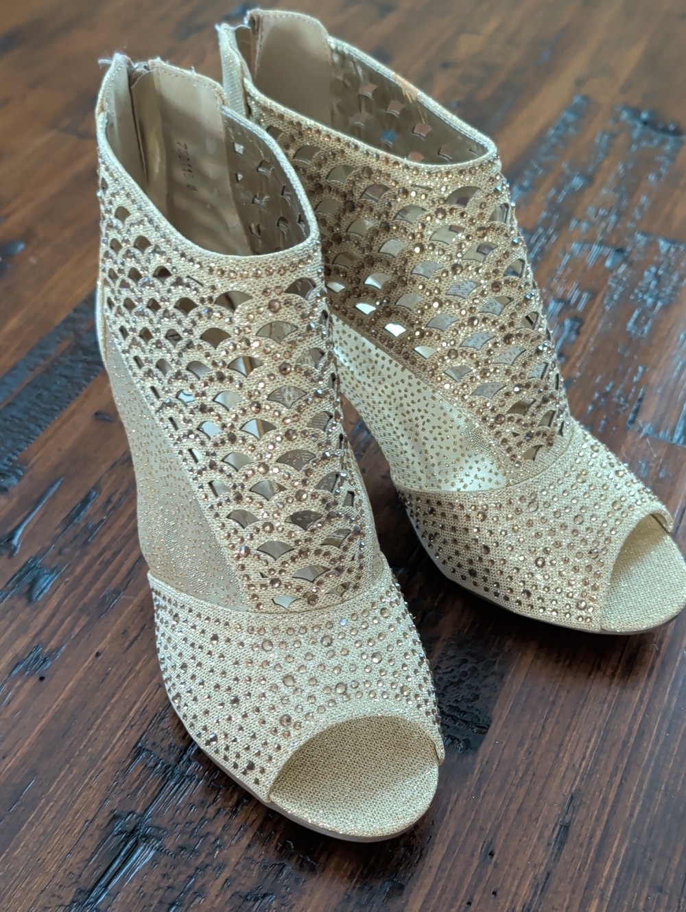 Pierre Dumas Gold Glitter and Rhinestone Open-Toe Heeled Booties Size 8M